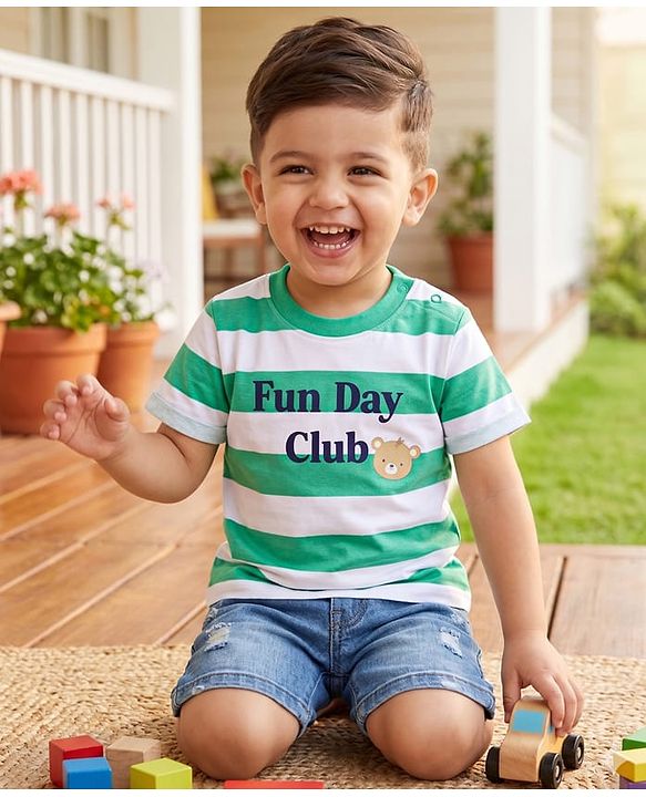 Babyhug Cotton Knit T-Shirts Half Sleeves Striped with Graphics Multi Color 6-9 Months