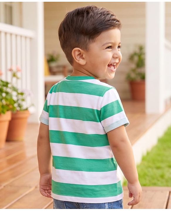 Babyhug Cotton Knit T-Shirts Half Sleeves Striped with Graphics Multi Color 6-9 Months