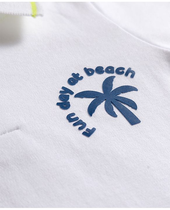 Babyhug Cotton Knit Half Sleeves Polo T-Shirt with Beach Theme Print - White