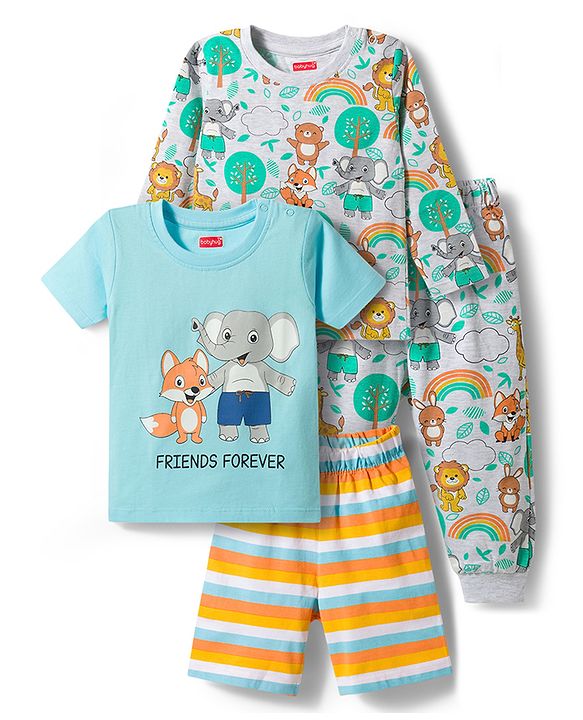 Babyhug 100% Cotton Knit Full Sleeves Animal Printed Pyjama & Half Sleeves Striped Shorts Night Suit Pack Of 2 - Multicolour