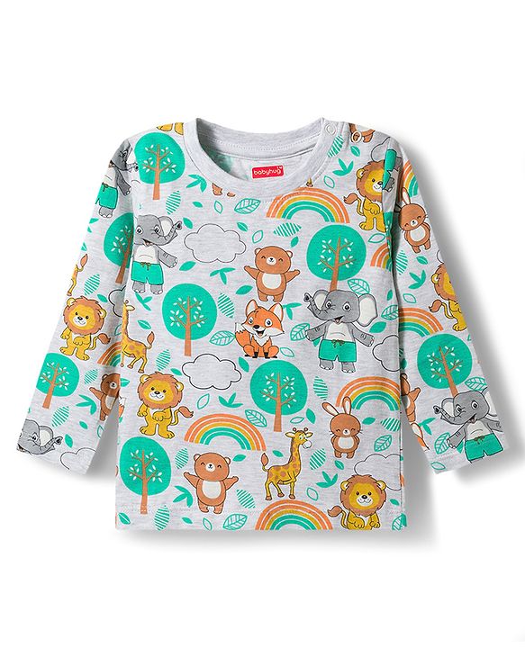 Babyhug 100% Cotton Knit Full Sleeves Animal Printed Pyjama & Half Sleeves Striped Shorts Night Suit Pack Of 2 - Multicolour