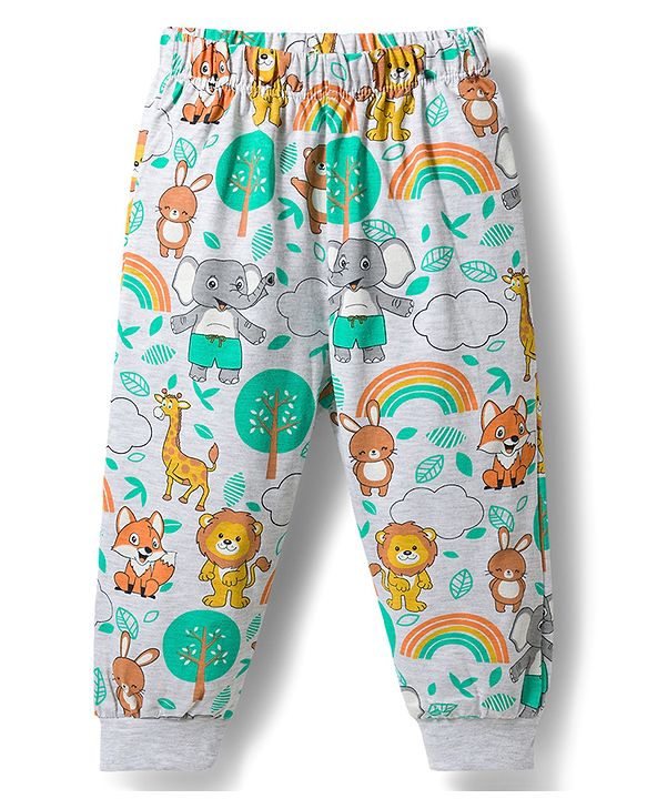 Babyhug 100% Cotton Knit Full Sleeves Animal Printed Pyjama & Half Sleeves Striped Shorts Night Suit Pack Of 2 - Multicolour