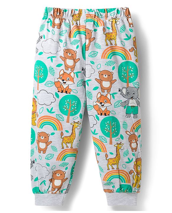 Babyhug 100% Cotton Knit Full Sleeves Animal Printed Pyjama & Half Sleeves Striped Shorts Night Suit Pack Of 2 - Multicolour