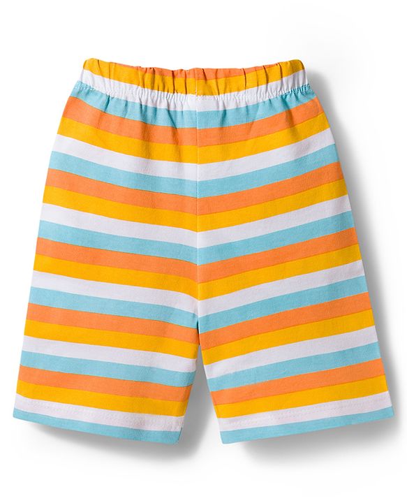 Babyhug 100% Cotton Knit Full Sleeves Animal Printed Pyjama & Half Sleeves Striped Shorts Night Suit Pack Of 2 - Multicolour