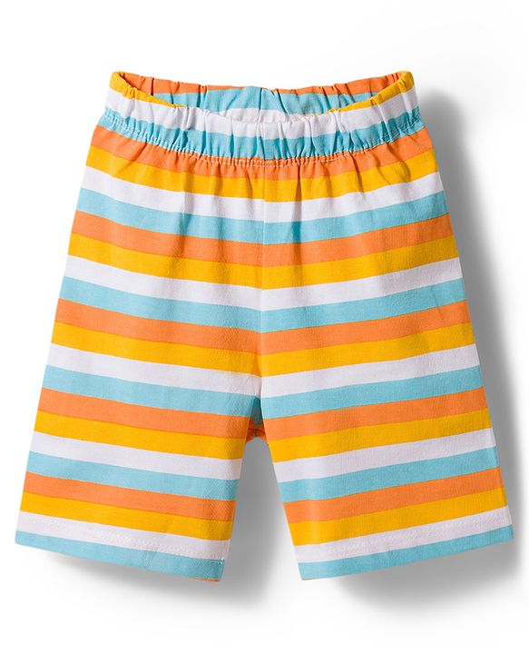 Babyhug 100% Cotton Knit Full Sleeves Animal Printed Pyjama & Half Sleeves Striped Shorts Night Suit Pack Of 2 - Multicolour