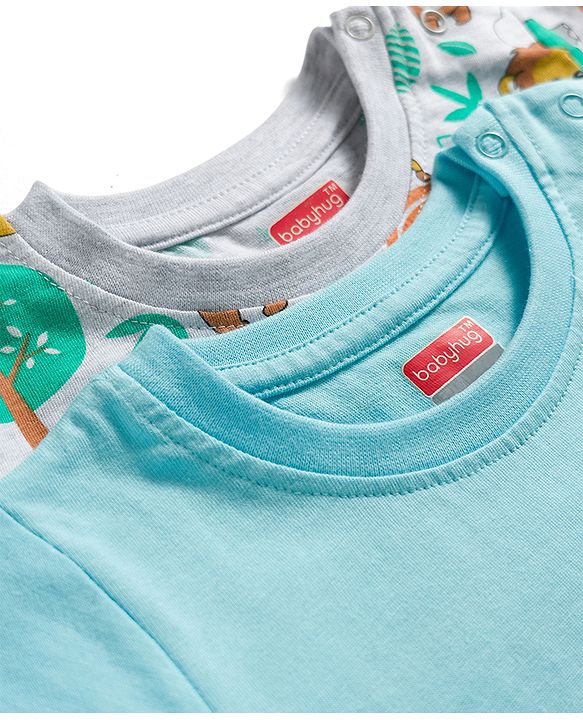 Babyhug 100% Cotton Knit Full Sleeves Animal Printed Pyjama & Half Sleeves Striped Shorts Night Suit Pack Of 2 - Multicolour