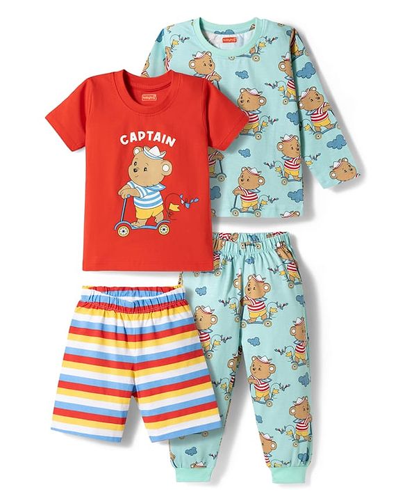 Babyhug 100% Cotton Knit Full Sleeves T-Shirt Pyjama & Shorts Co-ord Night Suits With Teddy Bear Print Pack of 2 - Multicolor