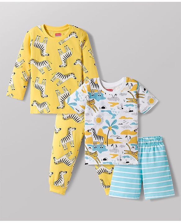 Babyhug 100% Cotton Knit Full Sleeves Co-ord Night Suits With Animal Print Pack of 2 - Multicolor