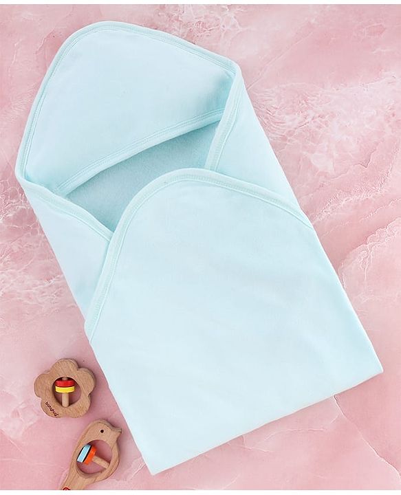 Babyhug Cotton Knit Solid Hooded Wrapper L 74 x B 74 cm - Light Blue
