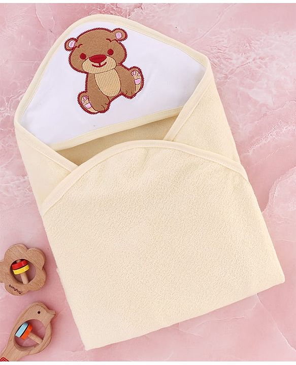 Babyhug Cotton Double Ply Hooded Knit Terry Towel With Teddy Bear Embroidery L 74 x B 60 cm - Yellow