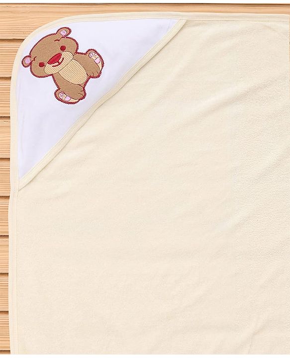 Babyhug Cotton Double Ply Hooded Knit Terry Towel With Teddy Bear Embroidery L 74 x B 60 cm - Yellow