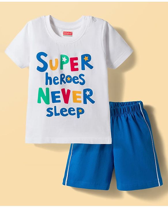Babyhug Cotton Knit Half Sleeves T-Shirts & Shorts Night Suit with Text Print- White