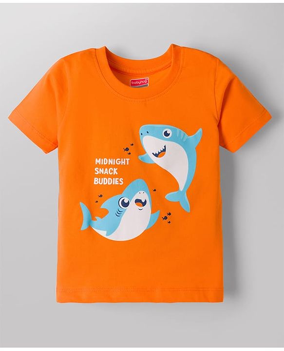 Babyhug Cotton Knit Half Sleeves T-Shirt & Shorts Night Suit With Shark Print - Orange
