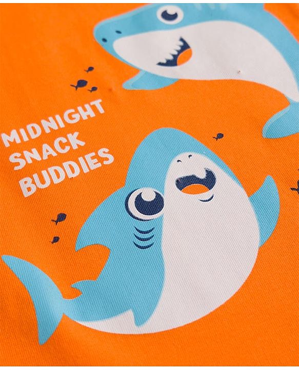 Babyhug Cotton Knit Half Sleeves T-Shirt & Shorts Night Suit With Shark Print - Orange