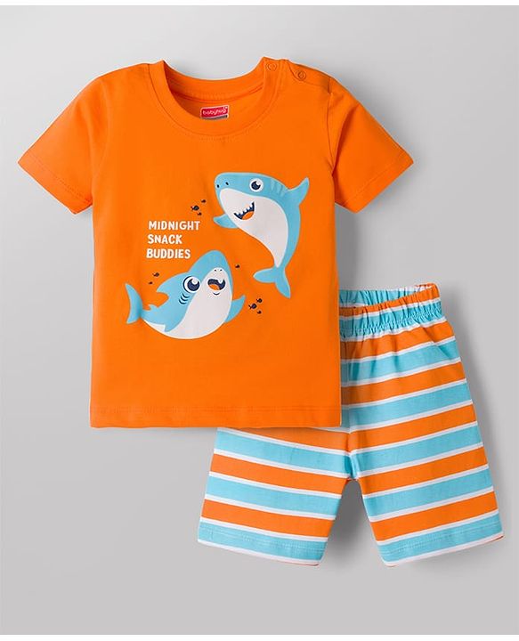 Babyhug Cotton Knit Half Sleeves T-Shirt & Shorts Night Suit With Shark Print - Orange
