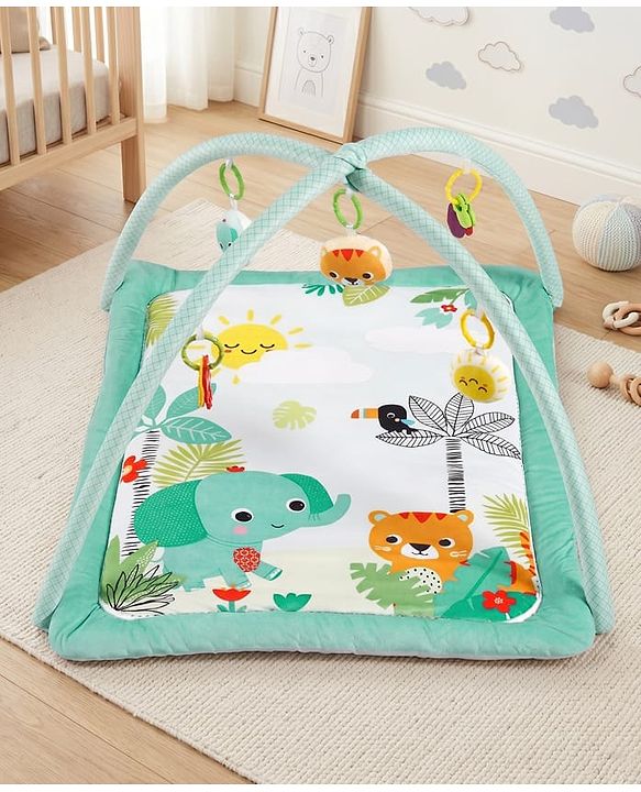 Babyhug Jungle Theme Play Gym with Hanging Toys - Sea Green | Soft Activity Play Mat| Detachable Rattling Toys| Portable & Easy to Carry| Gifting Idea | Motor Skill Development| BIS Certified