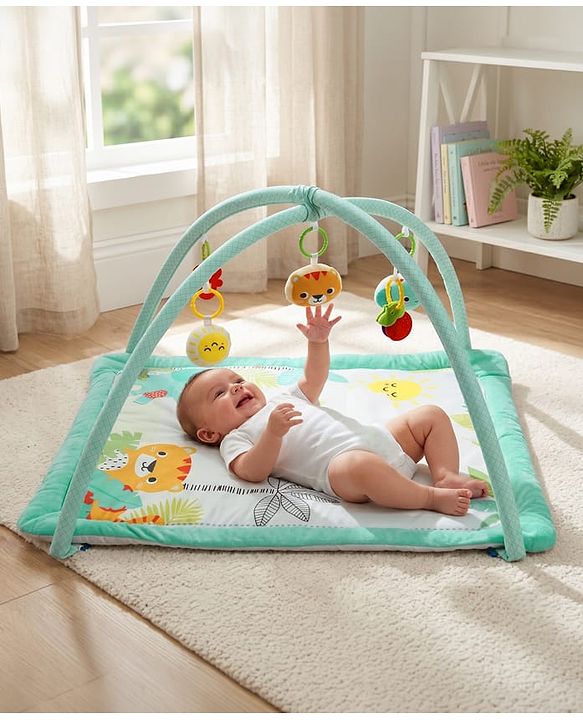 Babyhug Jungle Theme Play Gym with Hanging Toys - Sea Green | Soft Activity Play Mat| Detachable Rattling Toys| Portable & Easy to Carry| Gifting Idea | Motor Skill Development| BIS Certified