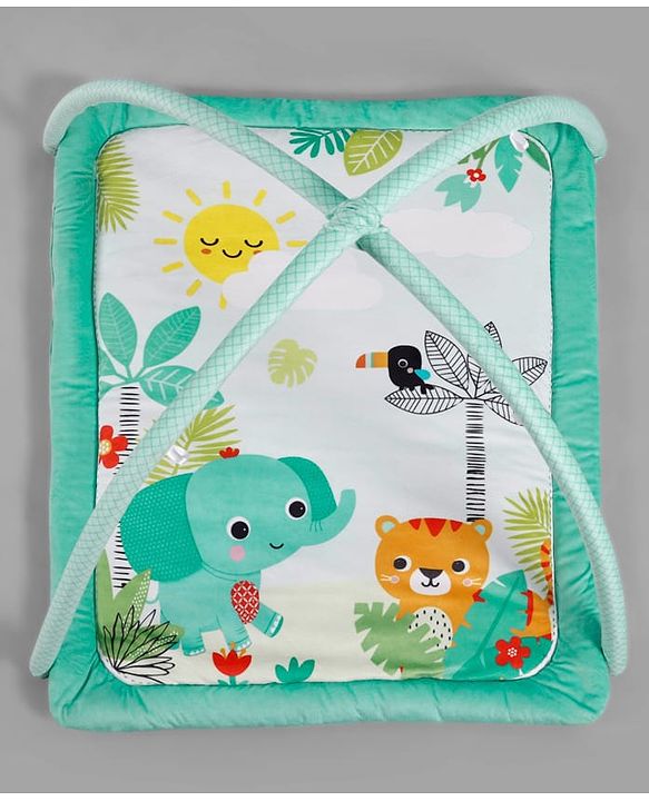 Babyhug Jungle Theme Play Gym with Hanging Toys - Sea Green | Soft Activity Play Mat| Detachable Rattling Toys| Portable & Easy to Carry| Gifting Idea | Motor Skill Development| BIS Certified