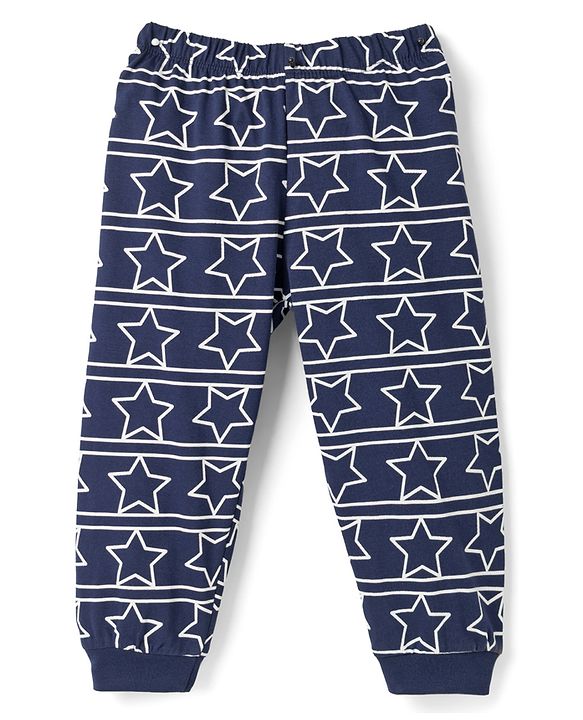 Babyhug Cotton Knit Full Sleeves Text & Star Printed T-Shirts & Joggers Night Suit - Navy Blue
