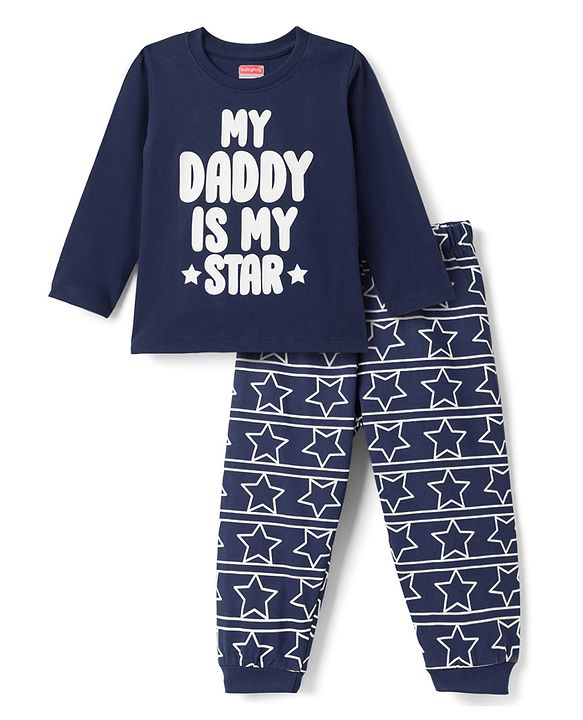 Babyhug Cotton Knit Full Sleeves Text & Star Printed T-Shirts & Joggers Night Suit - Navy Blue