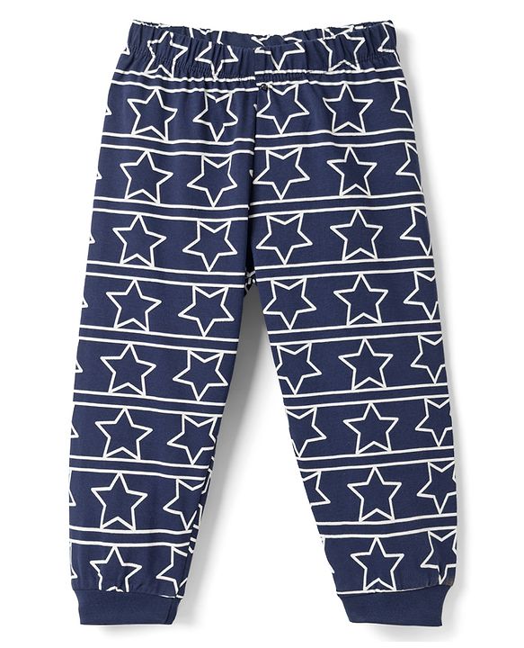 Babyhug Cotton Knit Full Sleeves Text & Star Printed T-Shirts & Joggers Night Suit - Navy Blue