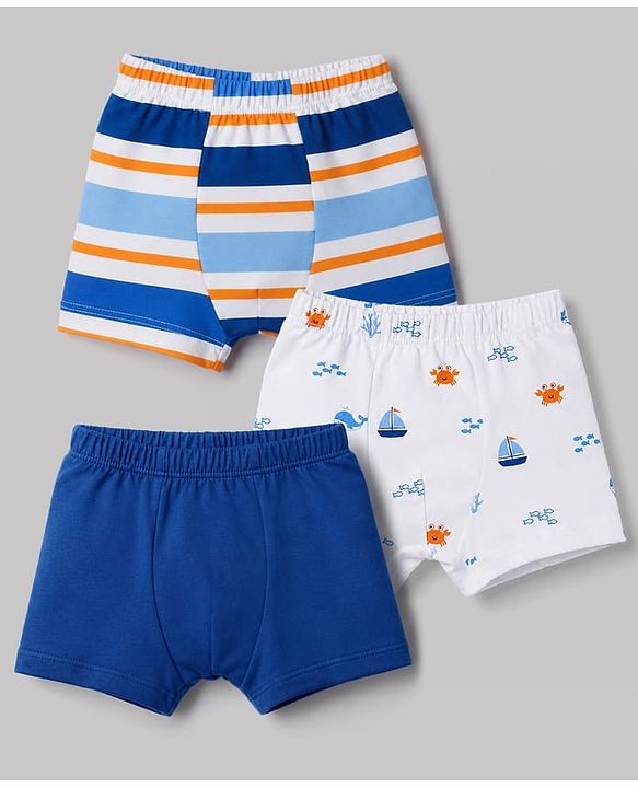 Babyhug 100% Cotton Single Jersey Knit Striped & Boat Printed Trunks Pack of 3 -Navy & White