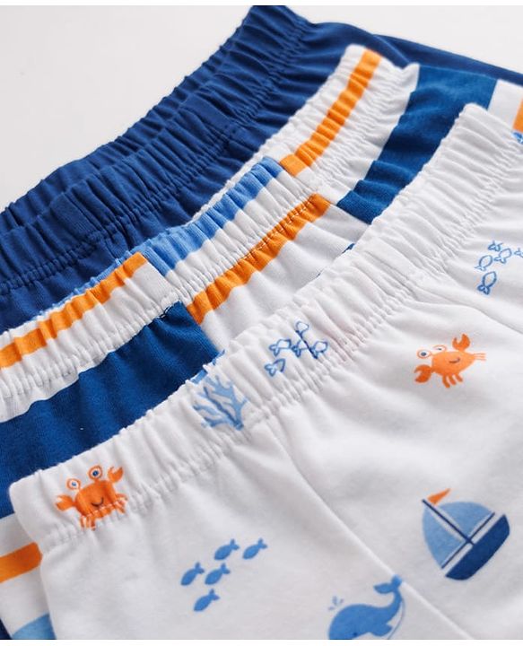Babyhug 100% Cotton Single Jersey Knit Striped & Boat Printed Trunks Pack of 3 -Navy & White
