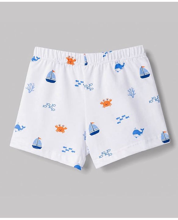Babyhug 100% Cotton Single Jersey Knit Striped & Boat Printed Trunks Pack of 3 -Navy & White