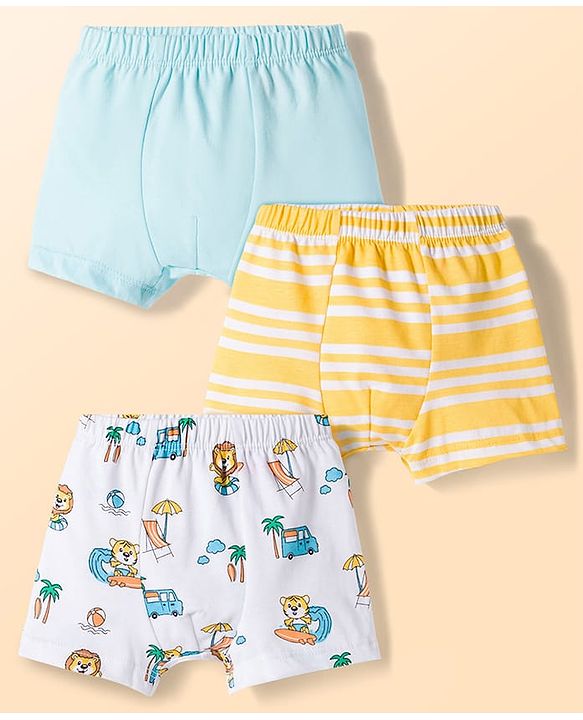 Babyhug 100% Cotton Knit Beach Theme & Striped Trunks Pack Of 3 - Multicolour