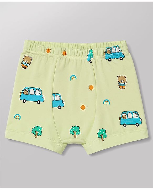 Babyhug 100% Cotton Single Jersey Knit Striped & Car Printed Trunks Pack of 3 -Aqua & White