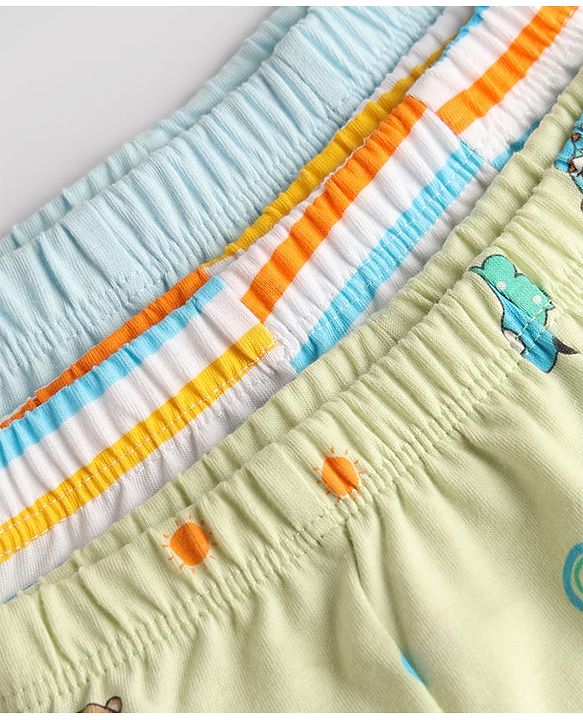 Babyhug 100% Cotton Single Jersey Knit Striped & Car Printed Trunks Pack of 3 -Aqua & White