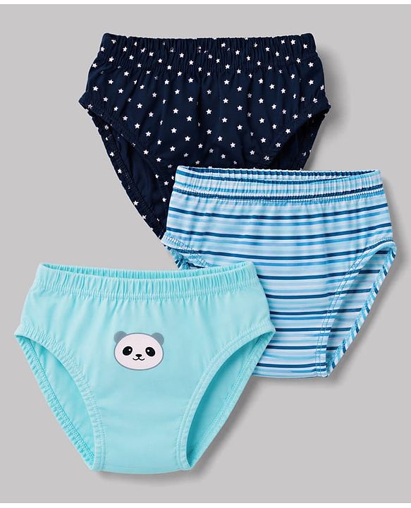 Babyhug 100% Cotton Knit Star Panda Printed & Striped Briefs Pack Of 3 - Light & Navy Blue