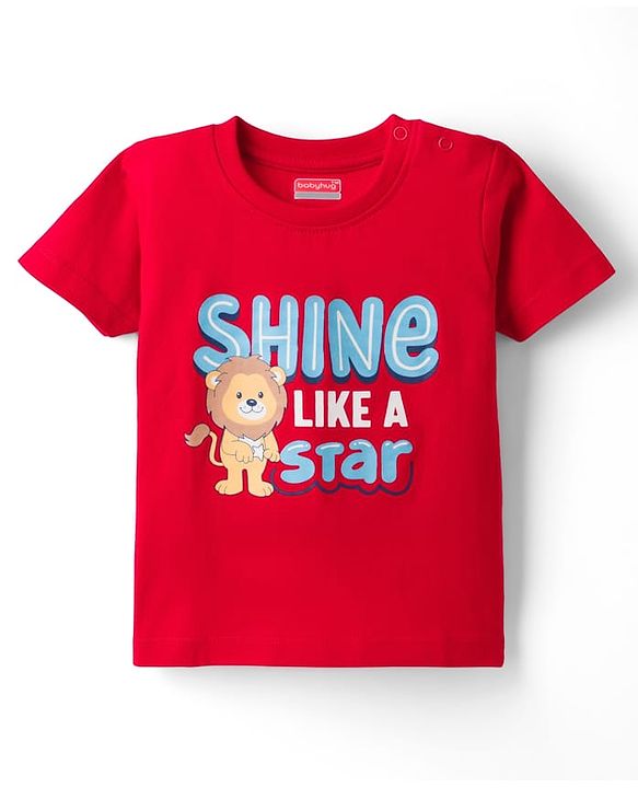 Babyhug Cotton Knit Half Sleeves Animal & Star Printed T-Shirt & Pyjama Night Suit - Red