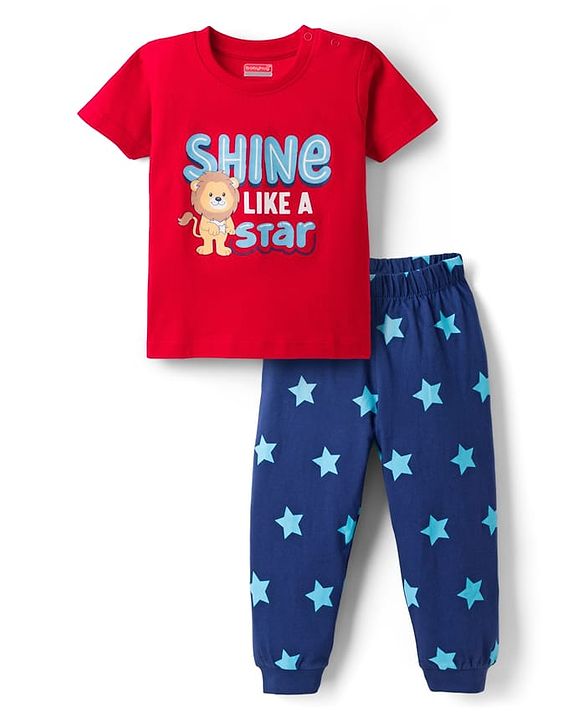 Babyhug Cotton Knit Half Sleeves Animal & Star Printed T-Shirt & Pyjama Night Suit - Red