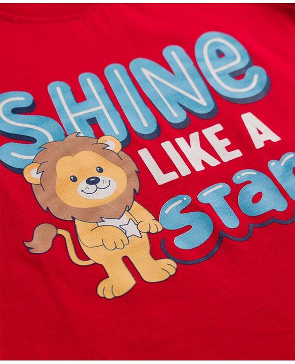 Babyhug Cotton Knit Half Sleeves Animal & Star Printed T-Shirt & Pyjama Night Suit - Red