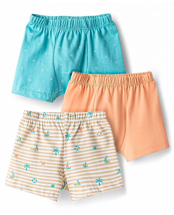 Babyhug 100% Cotton Single Jersey Knit Trunks With Nautical Theme Print Pack of 3 - Multicolor