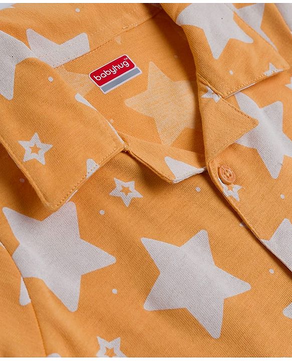 Babyhug Cotton Knit Half Sleeves Shirt & Pyjama Co-ord Night Suit With Star Print - Orange