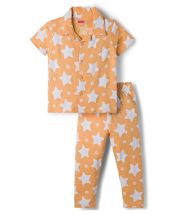 Babyhug Cotton Knit Half Sleeves Shirt & Pyjama Co-ord Night Suit With Star Print - Orange