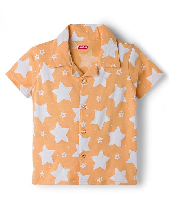 Babyhug Cotton Knit Half Sleeves Shirt & Pyjama Co-ord Night Suit With Star Print - Orange