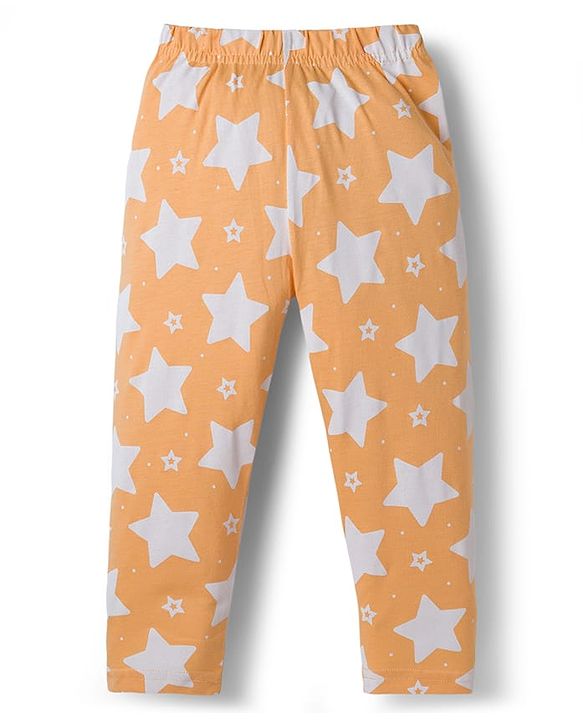 Babyhug Cotton Knit Half Sleeves Shirt & Pyjama Co-ord Night Suit With Star Print - Orange