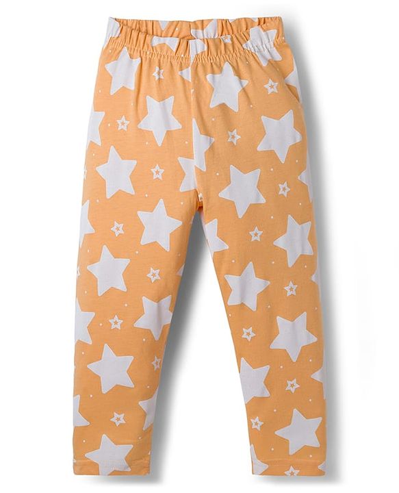 Babyhug Cotton Knit Half Sleeves Shirt & Pyjama Co-ord Night Suit With Star Print - Orange