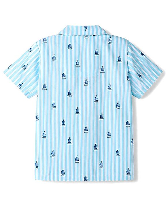 Babyhug Cotton Woven Half Sleeves Shirt & Pyjama Co-ord Night Suit with Boat Print - Blue