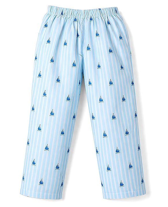 Babyhug Cotton Woven Half Sleeves Shirt & Pyjama Co-ord Night Suit with Boat Print - Blue