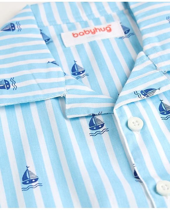 Babyhug Cotton Woven Half Sleeves Shirt & Pyjama Co-ord Night Suit with Boat Print - Blue