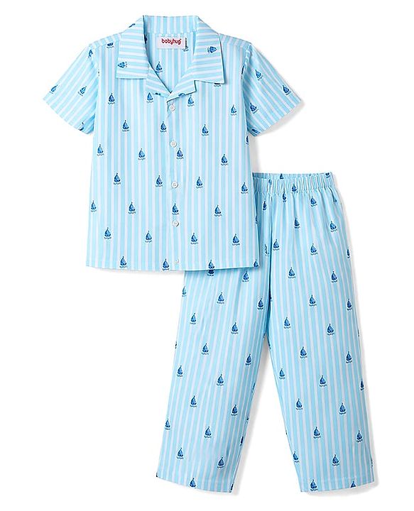 Babyhug Cotton Woven Half Sleeves Shirt & Pyjama Co-ord Night Suit with Boat Print - Blue