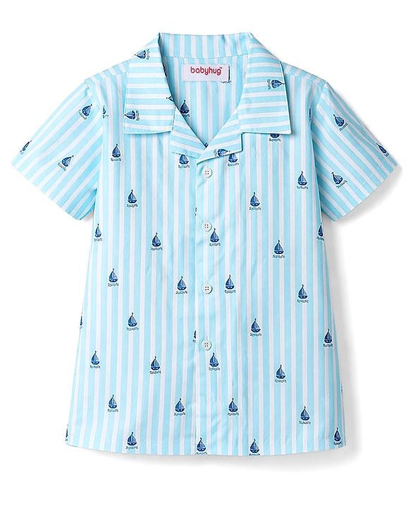 Babyhug Cotton Woven Half Sleeves Shirt & Pyjama Co-ord Night Suit with Boat Print - Blue