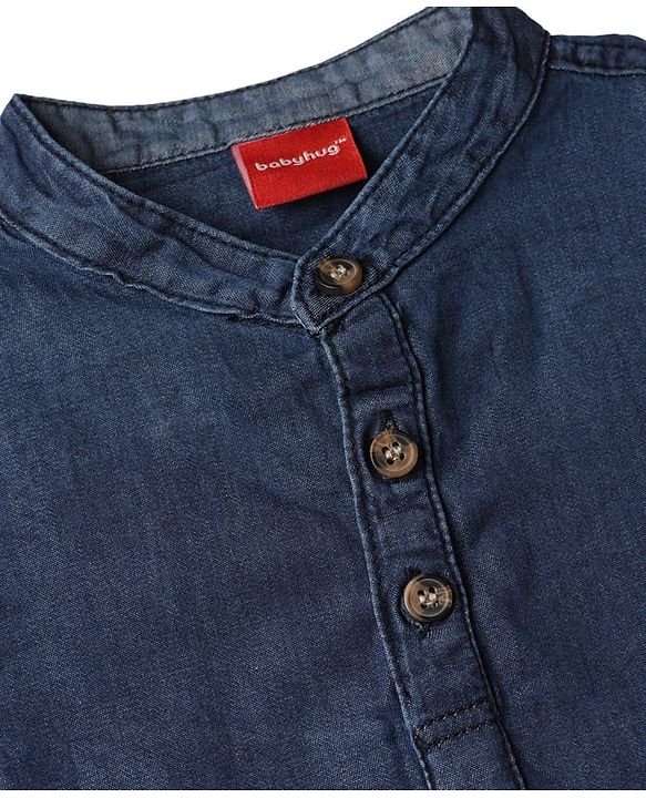 Babyhug Cotton Woven Washed Shirt Full Sleeves Mandarin Collar Blue 0-3 Months
