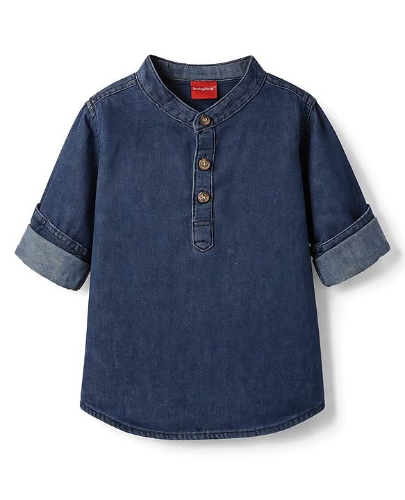 Babyhug Cotton Woven Washed Shirt Full Sleeves Mandarin Collar Blue 0-3 Months