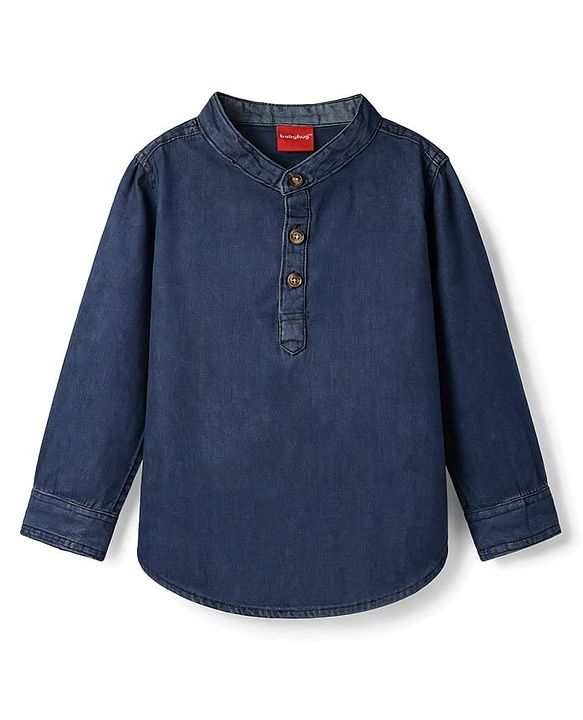 Babyhug Cotton Woven Washed Shirt Full Sleeves Mandarin Collar Blue 0-3 Months