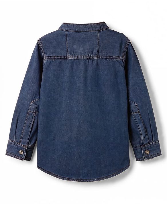 Babyhug Cotton Woven Washed Shirt Full Sleeves Mandarin Collar Blue 0-3 Months